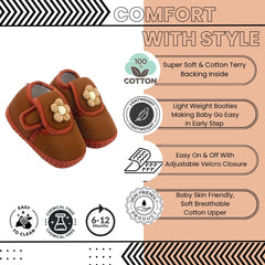 Baby Unisex Cotton Floral Brown Velcro Booties-BT5365