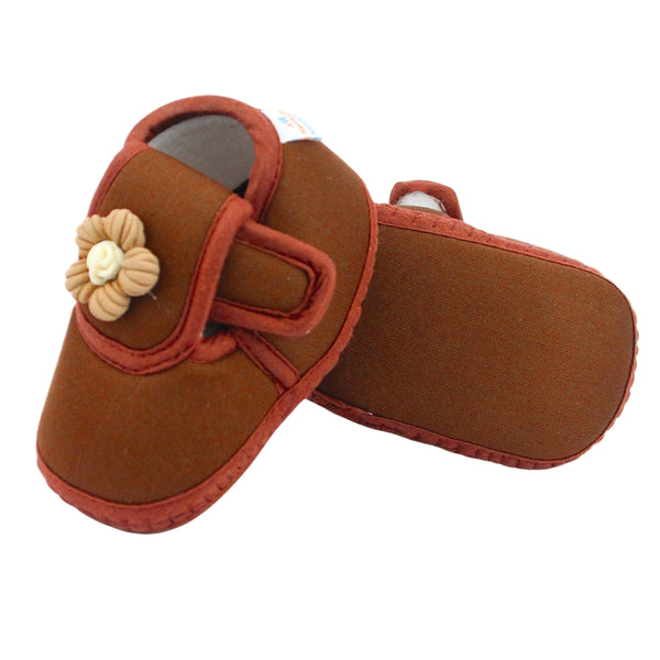 Baby Unisex Cotton Floral Brown Velcro Booties-BT5365