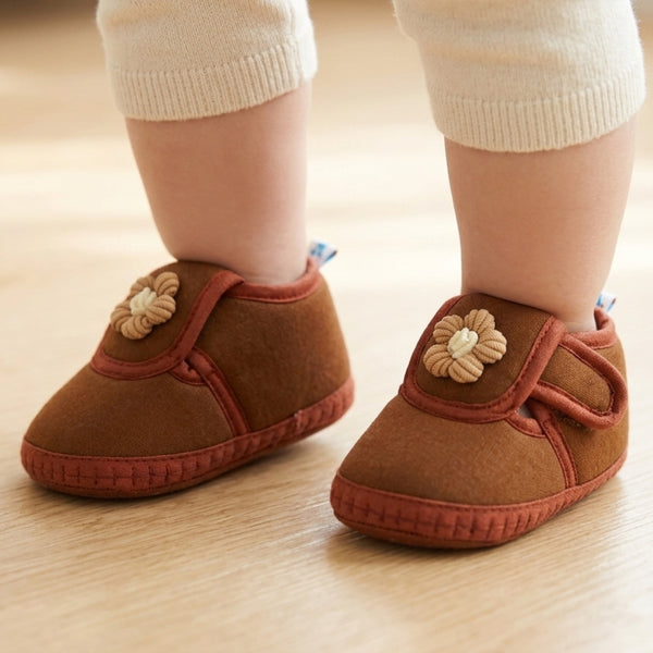Baby Unisex Cotton Floral Brown Velcro Booties-BT5365