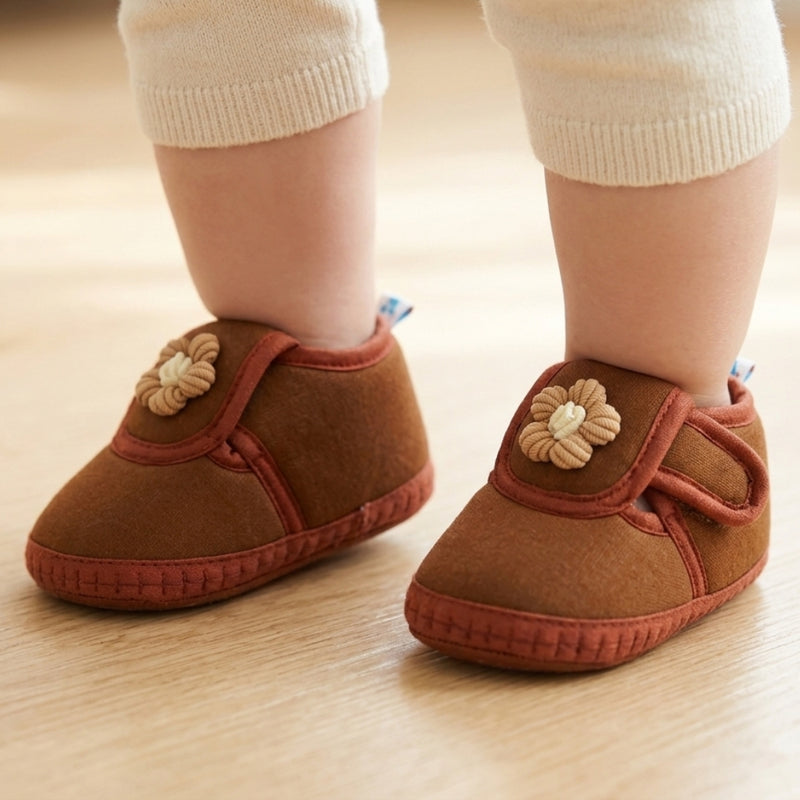 Baby Unisex Cotton Floral Brown Velcro Booties-BT5365