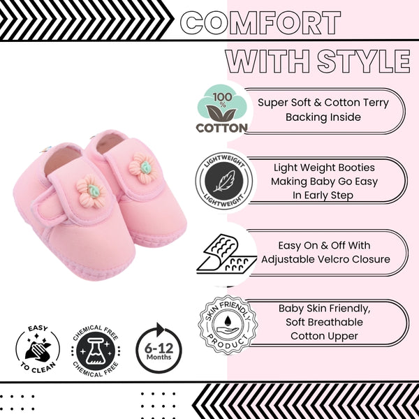 Baby Unisex Cotton Floral Pink Velcro Booties-BT5366