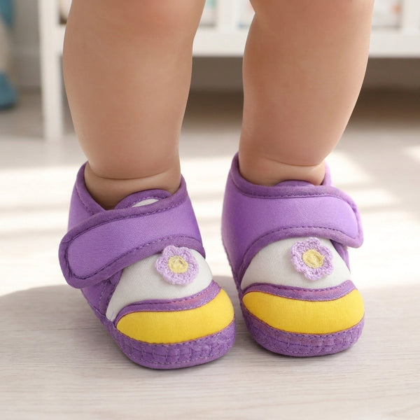 Baby Unisex Cotton Floral Purple,Yellow Velcro Booties-BT5369