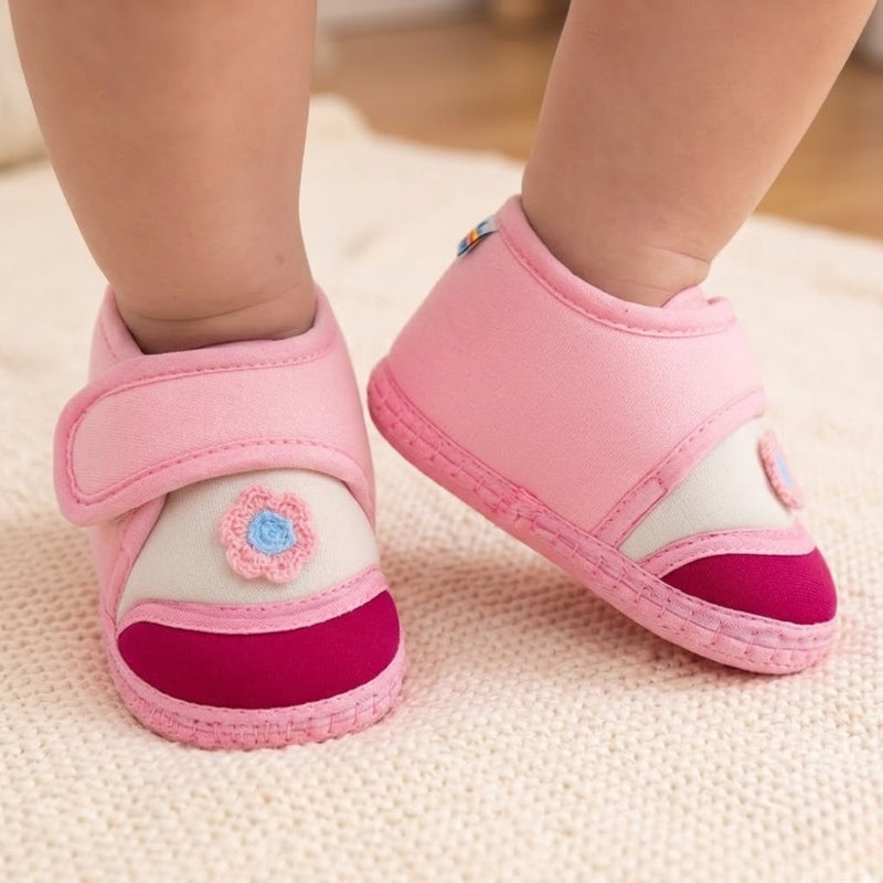 Baby Unisex Cotton Floral Pink Velcro Booties-BT5371