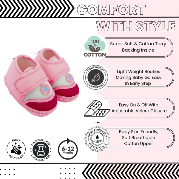 Baby Unisex Cotton Floral Pink Velcro Booties-BT5371