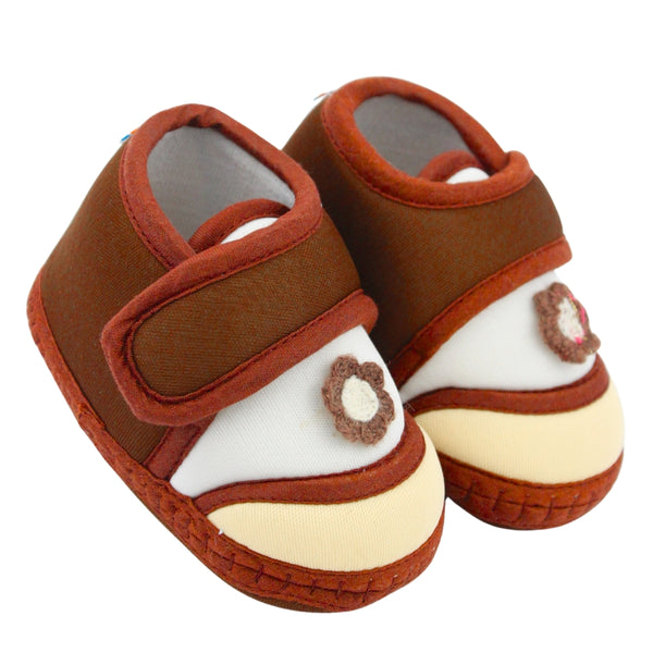 Baby Unisex Cotton Floral Brown,Cream Velcro Booties-BT5373
