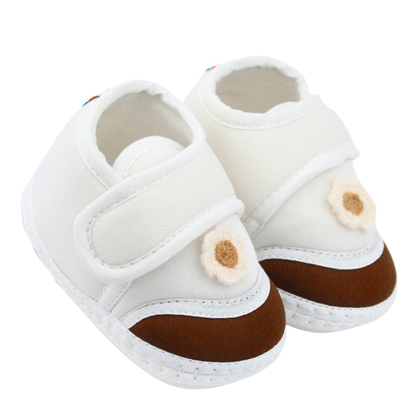 Baby Unisex Cotton Floral White,Brown Velcro Booties-BT5374