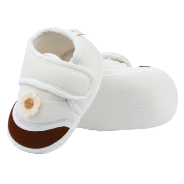 Baby Unisex Cotton Floral White,Brown Velcro Booties-BT5374