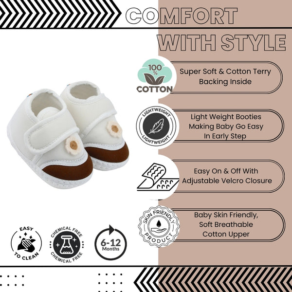 Baby Unisex Cotton Floral White,Brown Velcro Booties-BT5374