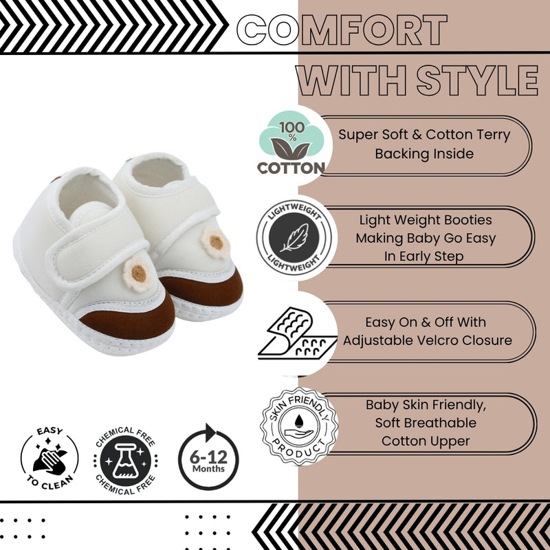 Baby Unisex Cotton Floral White,Brown Velcro Booties-BT5374