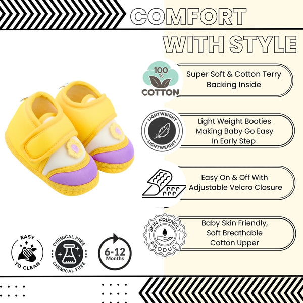 Baby Unisex Cotton Floral Yellow,Purple Velcro Booties-BT5375