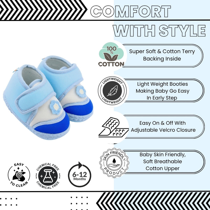 Baby Unisex Cotton Floral Blue Velcro Booties-BT5376