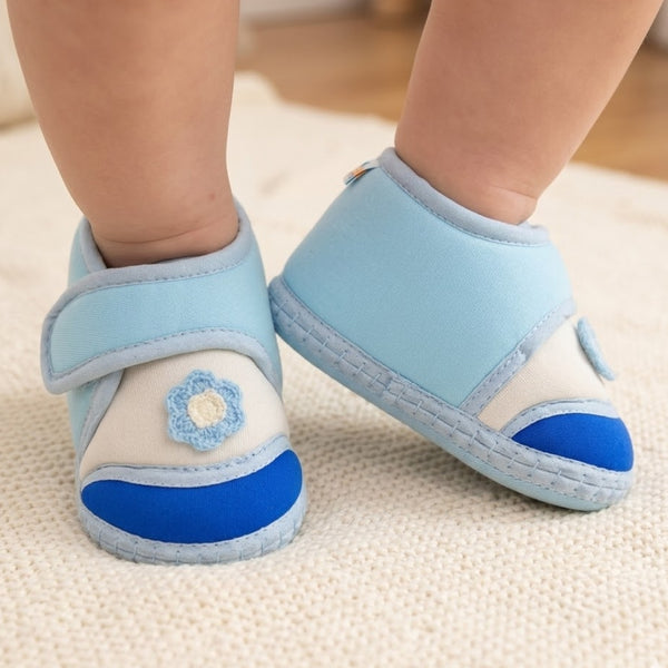 Baby Unisex Cotton Floral Blue Velcro Booties-BT5376