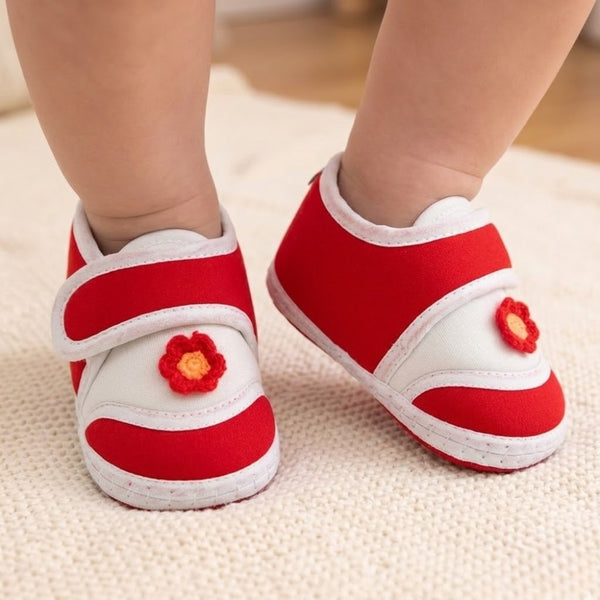 Baby Unisex Cotton Floral White,Red Velcro Booties-BT5379
