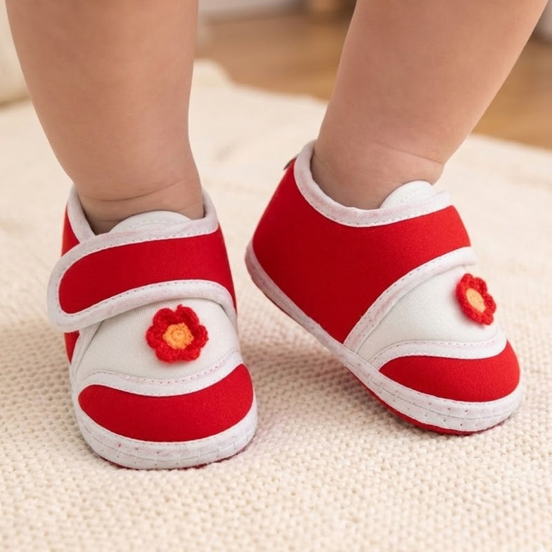 Baby Unisex Cotton Floral White,Red Velcro Booties-BT5379