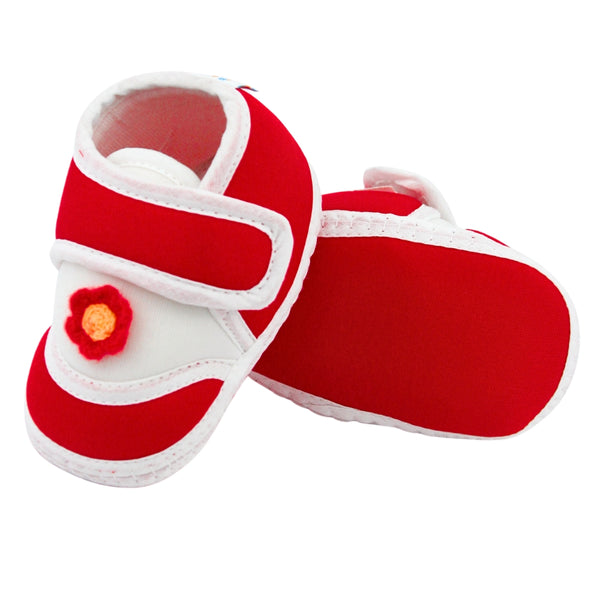 Baby Unisex Cotton Floral White,Red Velcro Booties-BT5379