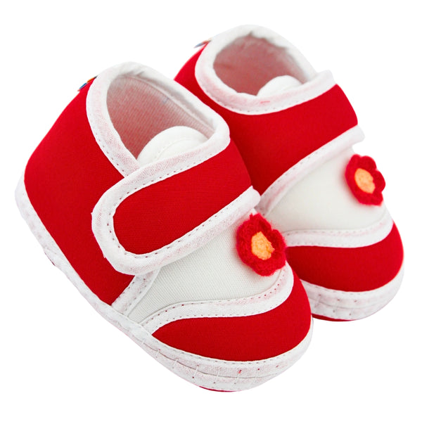 Baby Unisex Cotton Floral White,Red Velcro Booties-BT5379
