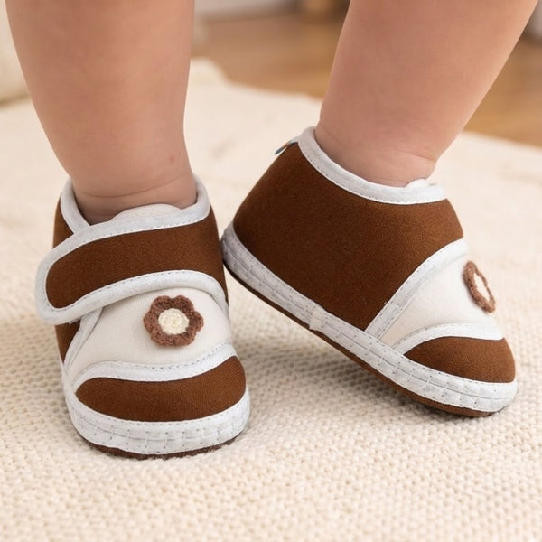 Baby Unisex Cotton Floral Brown Velcro Booties-BT5380