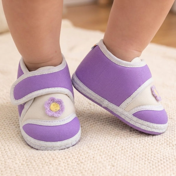 Baby Unisex Cotton Floral Purple Velcro Booties-BT5381