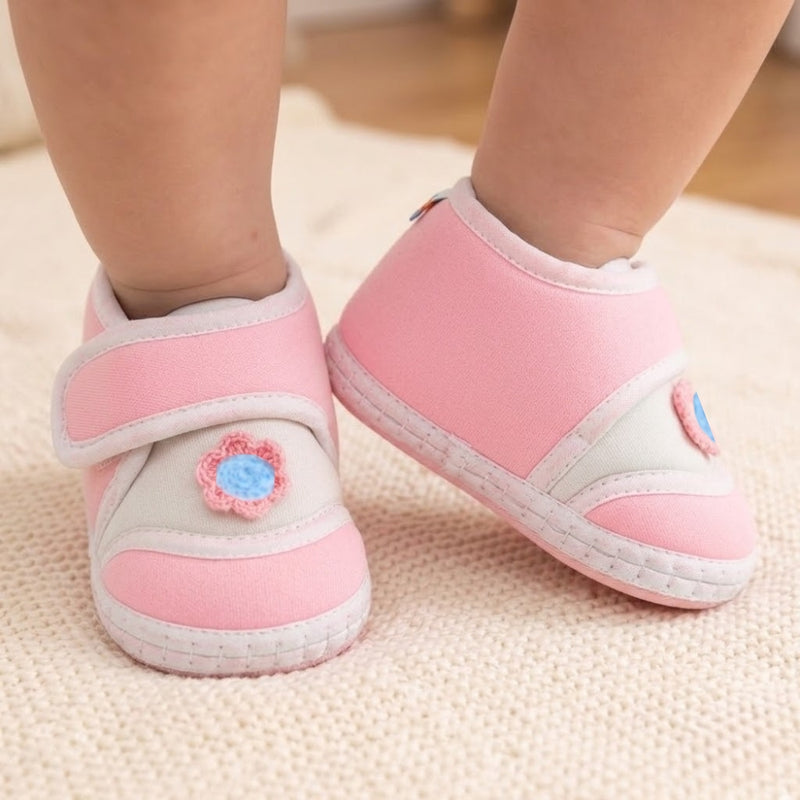 Baby Unisex Cotton Floral Pink Velcro Booties-BT5383