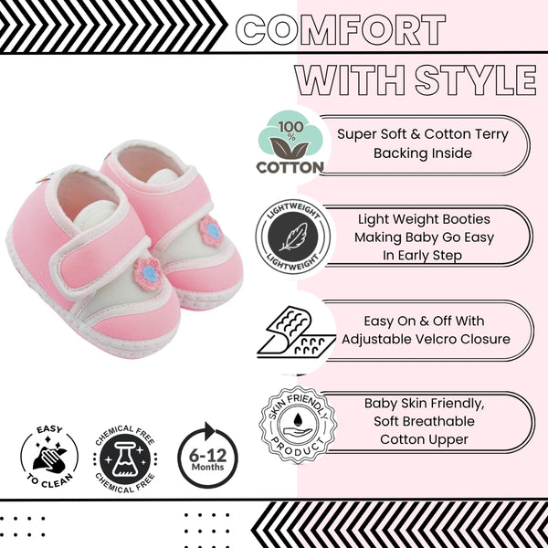 Baby Unisex Cotton Floral Pink Velcro Booties-BT5383