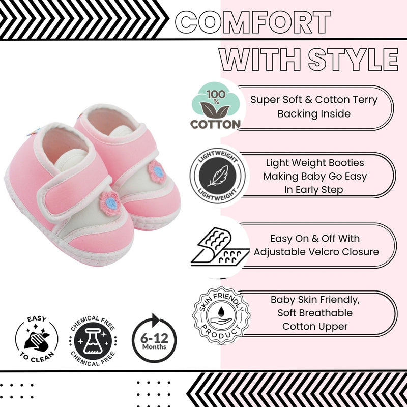 Baby Unisex Cotton Floral Pink Velcro Booties-BT5383