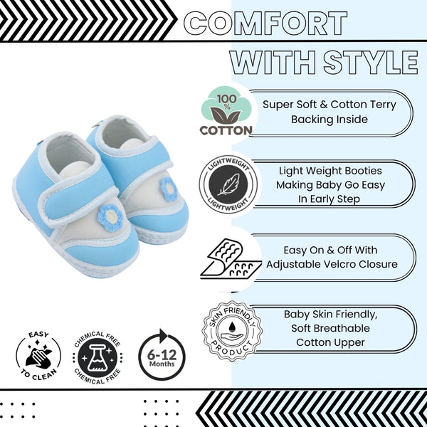 Baby Unisex Cotton Floral Blue Velcro Booties-BT5384