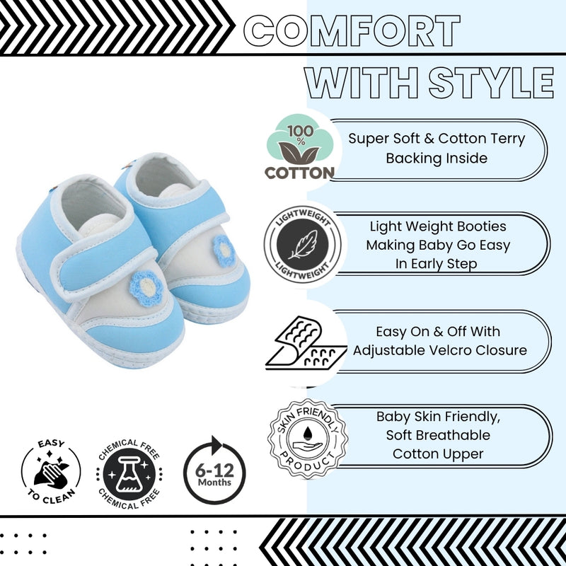 Baby Unisex Cotton Floral Blue Velcro Booties-BT5384