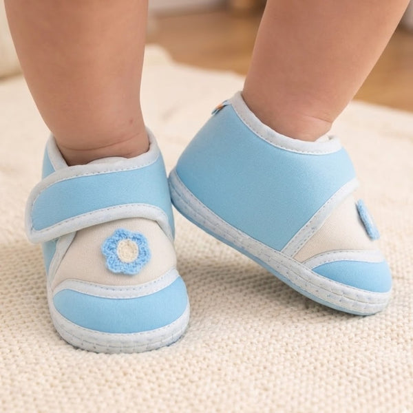 Baby Unisex Cotton Floral Blue Velcro Booties-BT5384
