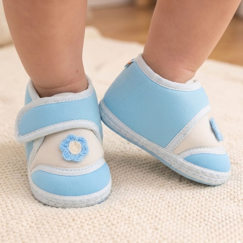 Baby Unisex Cotton Floral Blue Velcro Booties-BT5384