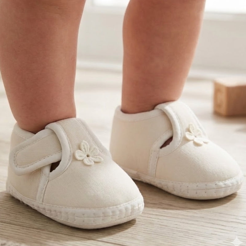 Baby Unisex Cotton Floral White Velcro Booties-BT5385