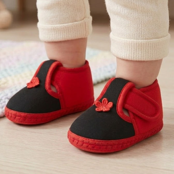 Baby Unisex Cotton Floral Black,Red Velcro Booties-BT5386