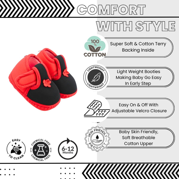 Baby Unisex Cotton Floral Black,Red Velcro Booties-BT5386