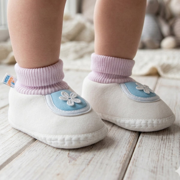 Baby Unisex Cotton Floral White,Blue Slip-on Booties-BT5388