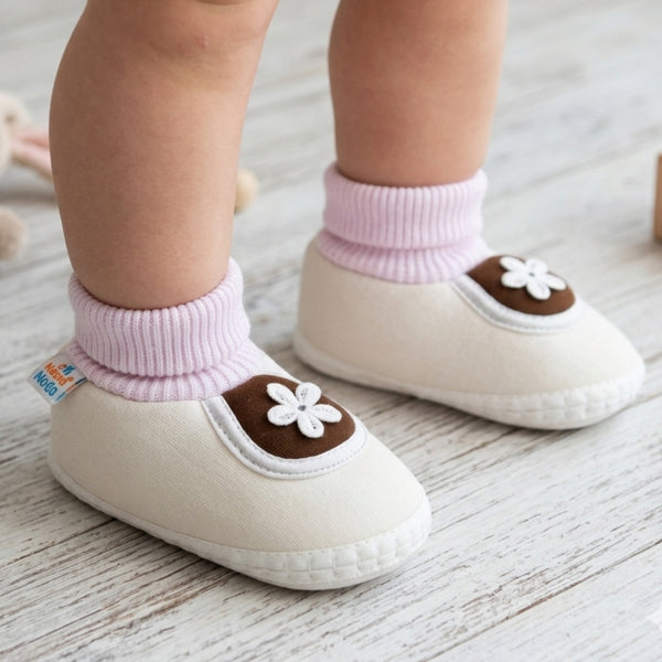Baby Unisex Cotton Floral White,Brown Slip-on Booties-BT5389