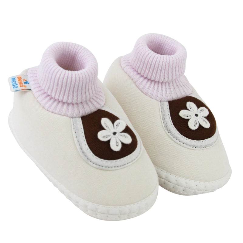 Baby Unisex Cotton Floral White,Brown Slip-on Booties-BT5389