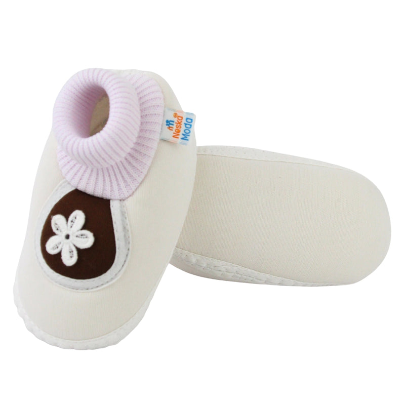 Baby Unisex Cotton Floral White,Brown Slip-on Booties-BT5389