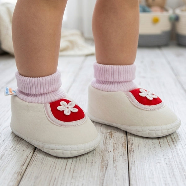 Baby Unisex Cotton Floral White,Red Slip-on Booties-BT5390
