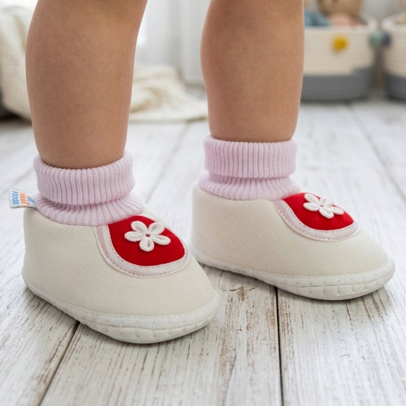 Baby Unisex Cotton Floral White,Red Slip-on Booties-BT5390
