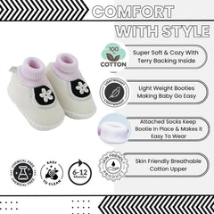 Baby Unisex Cotton Floral White,Black Slip-on Booties-BT5391