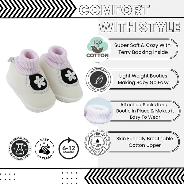Baby Unisex Cotton Floral White,Black Slip-on Booties-BT5391