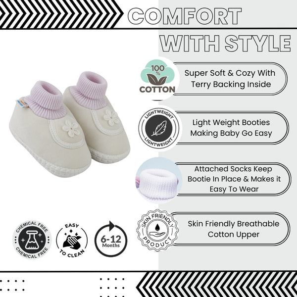 Baby Unisex Cotton Floral White Slip-on Booties-BT5392