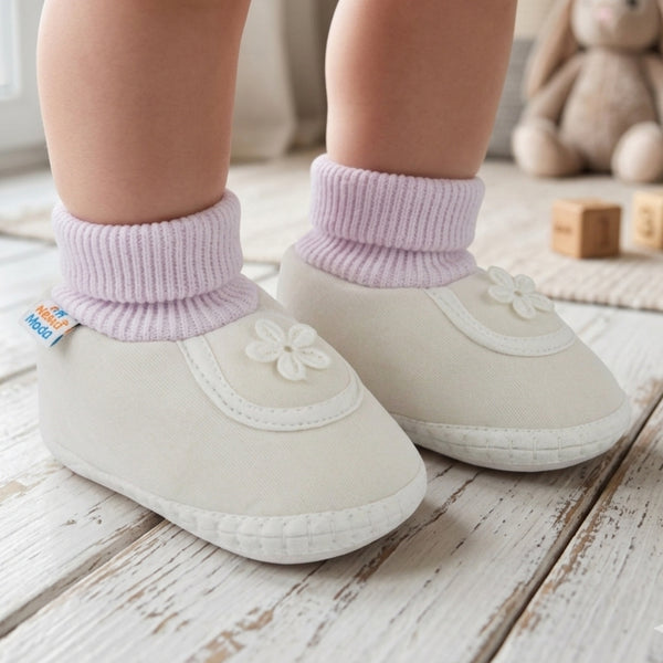 Baby Unisex Cotton Floral White Slip-on Booties-BT5392
