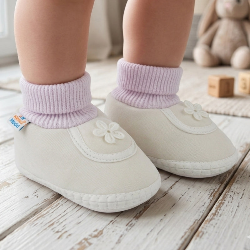Baby Unisex Cotton Floral White Slip-on Booties-BT5392