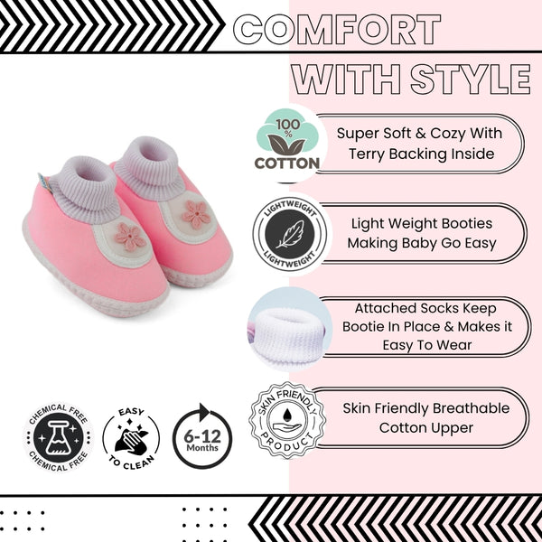 Baby Unisex Cotton Floral Pink Slip-on Booties-BT5393