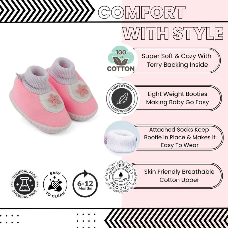 Baby Unisex Cotton Floral Pink Slip-on Booties-BT5393