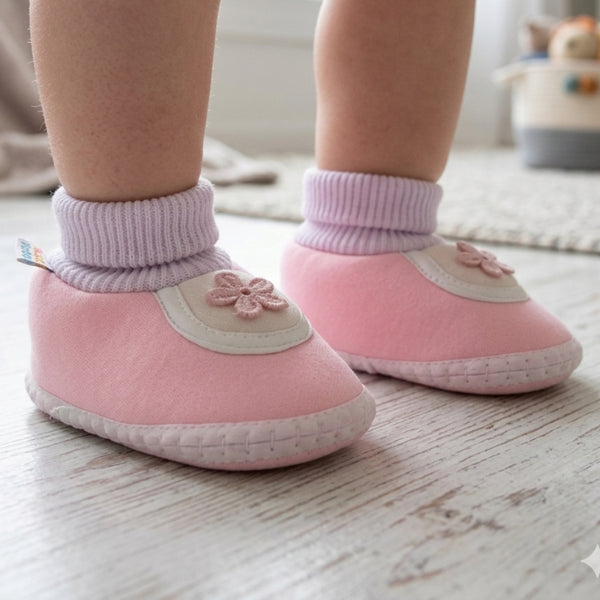 Baby Unisex Cotton Floral Pink Slip-on Booties-BT5393