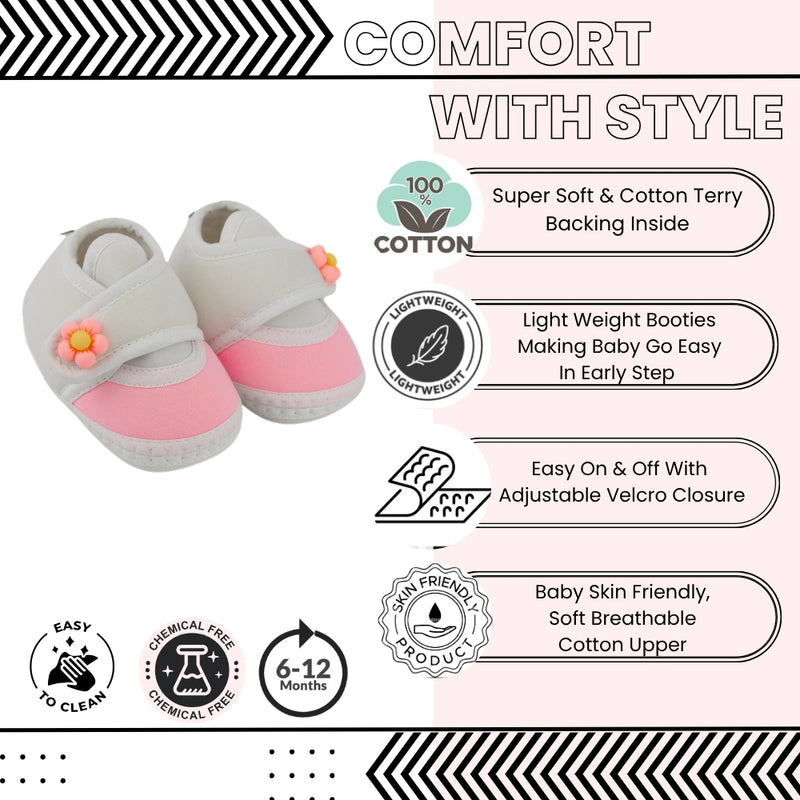 Baby Unisex Cotton Floral White,Pink Velcro Booties-BT5396