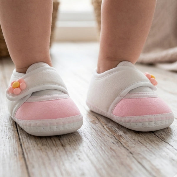 Baby Unisex Cotton Floral White,Pink Velcro Booties-BT5396
