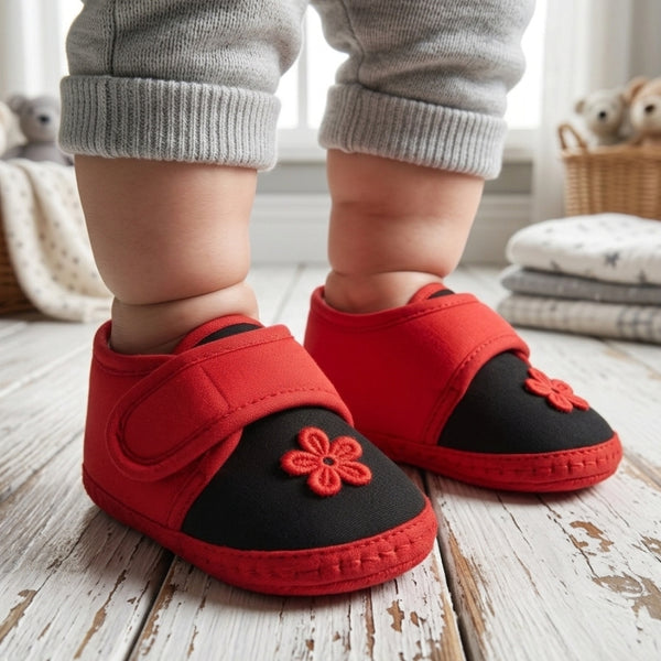Baby Unisex Cotton Floral Red Velcro Booties-BT5399