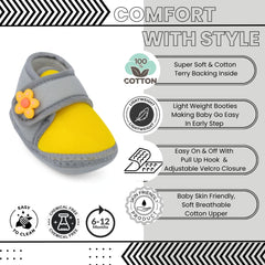 Baby Unisex Cotton Floral Grey Velcro Booties-BT5400